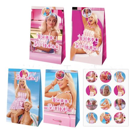 12st Barbie Margot Robbie Pappers Godis Loot Väska & Klistermärken Presentpåse Partydekorationer