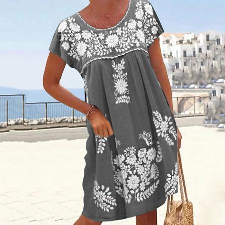 Dam Ruched Tunika Klänningar Summer Beach Sundress Rund hals Grey Grey 5XL