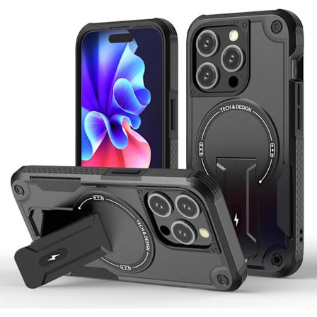 Magnetiskt iPhone-fodral med stativ, kompatibelt med MagSafe, robust inbyggt stativ, militärklassat fallskydd stötsäkert för iPhone
