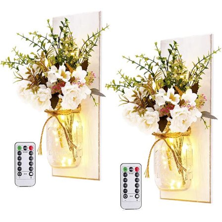 2 kpl maalaismaisia seinävalaisimia Käsintehty seinätaide Ripustusmalli kaukosäätimellä LED-valot ja valkoinen pioni Peony+white Board