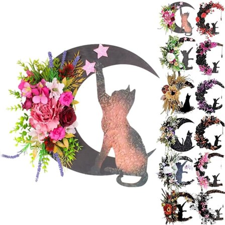 Halloween månkrans med svart katt väggdekor för ytterdörr, gotisk ros mån katt häxkrans