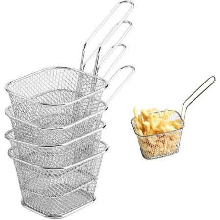 4 x Friturekurve i rustfrit stål til servering med håndtag, net friturekurv til rejer og løgringe