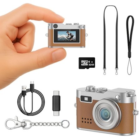 2025 Seneste Model Mini Retro Kamera med 1080P Video, 12MP Fotos, Nøglering Digitalkamera, Ultra-Kompakt Lille Kamera med 32GB SD-kort, O