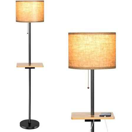 COSTWAY Modern Golvlampa 153CM med Hylla, Skärm av Linne och Bricka i Gummiträ, 2 USB-portar för Laddning av Telefon