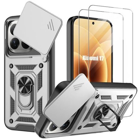 Cover til Xiaomi 17, Stødabsorberende med Ring og Kamerabeskyttelse - Sølv - 2 Tempererede Glas