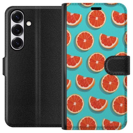 Kompatibelt Lommeboketui til Samsung Galaxy S25 Illustrert mønster med gjentatte grapefrukt skiver mot en turkis bakgrunn