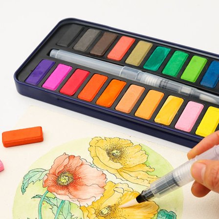 24 Farver Solid Akvarelfarvesæt med Vandpensel - Bærbar Jernæske Palette