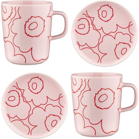 Marimekko Piirto Unikko krus + tallerken, 4 deler' - 'Rød/rosa
