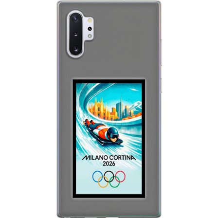 Yhteensopiva Puhelinkuori Samsung Galaxy Note10+ Dynaaminen kelkkailija tai skeleton-ajaja jääkanavalla Milanon Cortina 2026 kanssa, kaupunkinäkymä ja