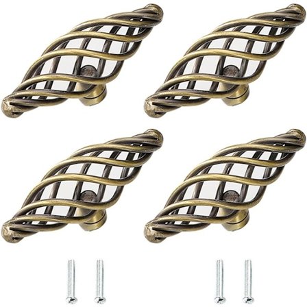 4 stk. Antikk bronse skaphåndtak, Vintage fuglebur skap