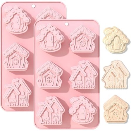 【PP】(2-pak) Jule Silikoneforme Peberkagehusforme Non-Stick Silikoneforme til Bagning Rosa Geléforme Chokolade