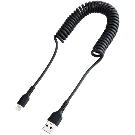 StarTech 1m (3ft) USB to Lightning Cable, MFi Certified, Coiled iPhone Charger Cable, Black, Durable and Flexible TPE Jacket Aramid Fiber, Heavy Duty