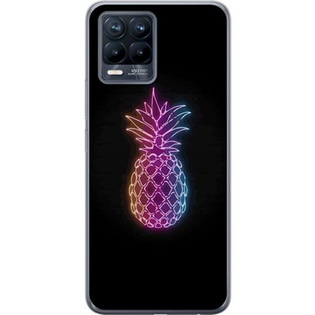 Kompatibel Mobilcover til Realme Realme 8 Neon illustration af ananas i farverigt lys mod sort baggrund