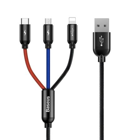 Baseus 3-i-1 multi-lader, USB-C/Lightning/MicroUSB, 3.5A, 1.2m