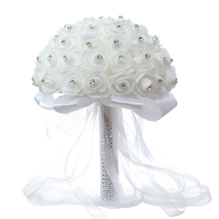 White Bridal Wedding Bouquet Artificial Rose Bouquet with Crystal Pearl for Wedding Engagement Home Decor