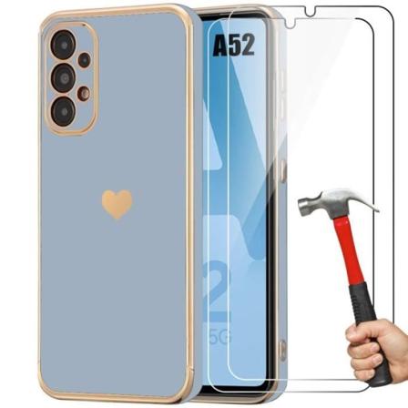 Etui til Samsung Galaxy A52s 5G, A52 4G-5G, stødsikker flydende silikone med belagt kærlighedsmønster, blå + 2 hærdede briller