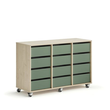Elevförvaring CASPER, 12 lådor, hjul, björk, mörkgrön