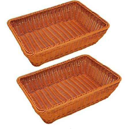 2 stk. flettede kurver i rotting, flettet for hånd, kurv til servering av frukt, grønnsaker, hjemmekjøkken, restaurant osv.