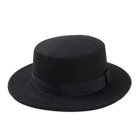 (pow yeah!) Ny Trendy Ullgrå Pork Pie Båtsmann Flat Top Hatt med Filt i Svart