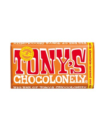 Tony's Chocolonely Fairtrade milkchocolate with at least 32% cacao solids and caramel and seasalt 0.24kg