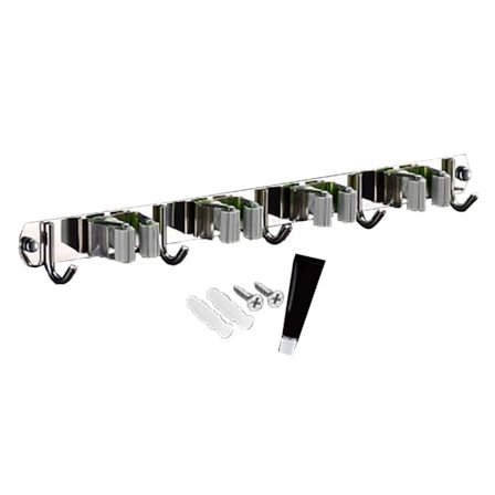 Vægmonteret moppekostholder med 4 clips og 5 kroge rustfrit stål grå