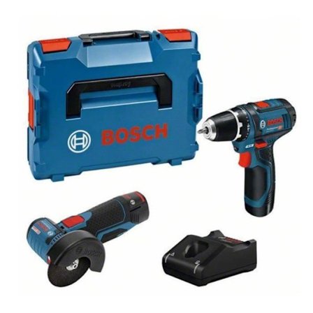 Paket med 2 BOSCH verktyg GSR 12V-15 borrskruvmejsel + GWS 12V-76 vinkelslip + 2 2Ah 12V batterier + laddare i L-BOXX