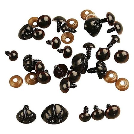 Sortiment af næse og øjne til bamser - Sort - 10 til 25 mm - 12 stk - Plastik - Låseplade