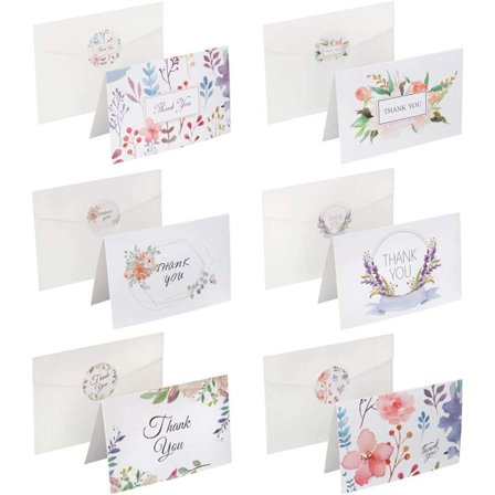 Sæt med 12 blomster-takkekort med 6 forskellige designs. Med