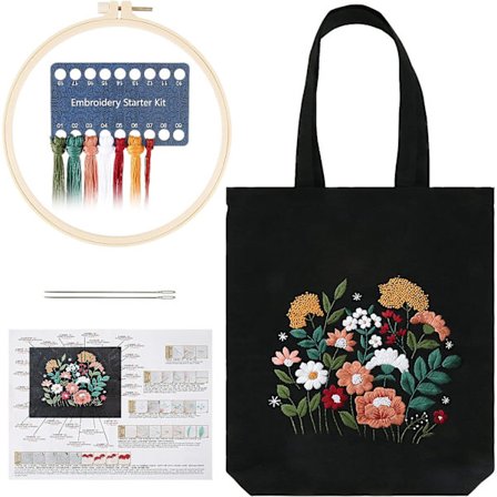 Svart lerret broderikit med mønster og instruksjoner, broderistartersett, inkludert blomstermønster broderiveske, bambus broderirammer, C