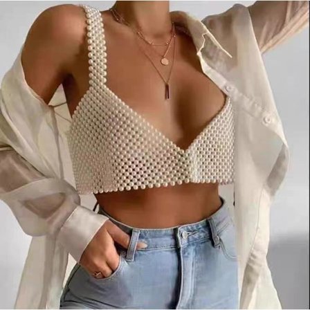 Pearl Crop Top för kvinnor Pearl Bralette Toppar V-ringad rygglösa ärmar