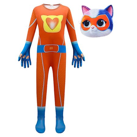 3-9 år Barn Super Kitties Cosplay Kostyme Katte Jumpsuit Maskeantrekk Halloween Party Fancy Dress Gaver-Orange