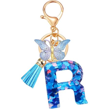 A-z Blå Resin Initial Bokstav Nyckelringar Med Fjäril Och Tofs För Bilnycklar