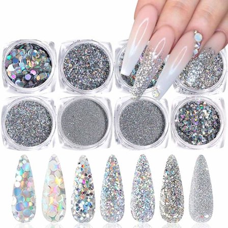 Holografiskt Nagelglitterset med 8 burkar 3D-flingor, perfekt för nageldekoration och glittriga manikyrtips.