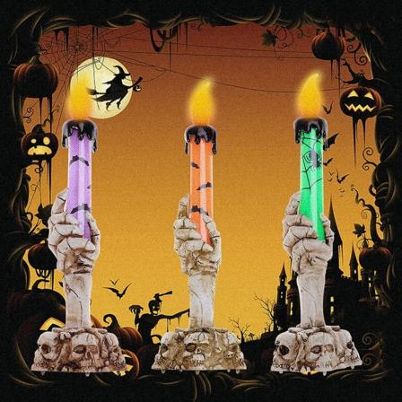 3-pack Halloween Skalle Ljusstake Ljus, Skelett Spökhänder Lågljuslampa Fest Bar Dekoration Lampa (Grön,
