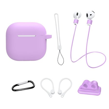 För AirPods 4 6 i 1 Tillbehör Fodral Rem Hållare Öronkrokar Nackrem Nyckelring - Lila