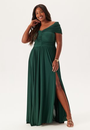 Goddiva Curve - Bardot Rouched Maxi With Split - Green - Kläder - - Bubbleroom