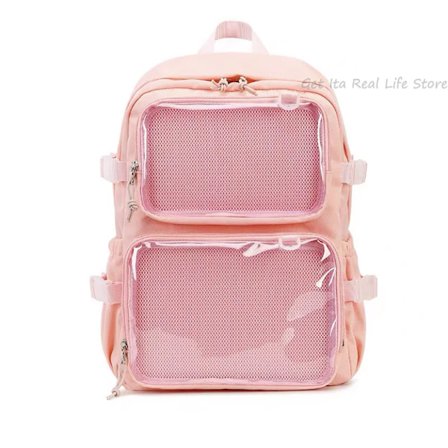 Uusi iso tyttöjen koulureppu, vaaleanpunainen Ita-reppu, jossa kaksi läpinäkyvää taskua pinssien esittelyyn, naisten iso Kawaii Ita -laukku sisäosalla