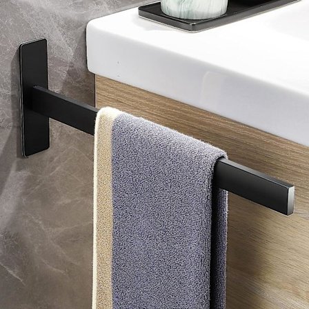Håndklestativarm uten boring, selvklebende, rektangulær, matt rustfritt stål, veggmontert baderom kjøkken håndklestativ svart 38cm