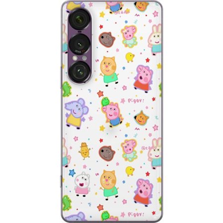 Kompatibel Mobilcover til Sony Xperia 1 VII Farverige tegneserie dyrekarakterer i en legende stil med stjerner og prikker på en lys baggrund