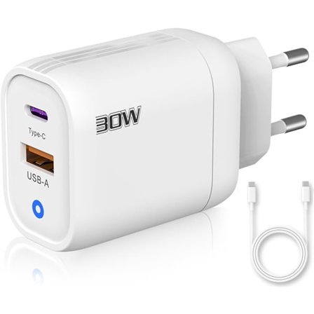 3-Stars | 30W USB-laddare | USB-C-kabel | 2 portar: USB-C + USB-A | QC 3.0 Snabbladdning | CE-certifierad | Kompatibel med många enheter