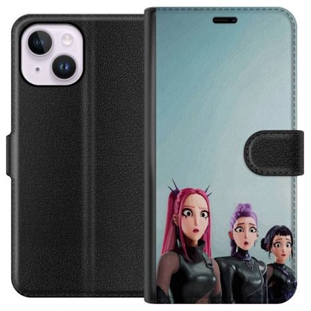 Kompatibel Tegnebogsetui til Apple Apple iPhone 15 Plus Tre animerede kvinder med farverigt hår i futuristisk stil og overraskede udtryk