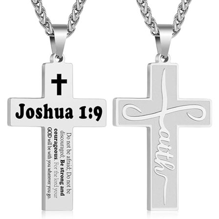 Herre Halskjede i Rustfritt Stål med Kors - 52,8 cm + 5 cm Kjede med Bibelvers - Kristent Religiøst Smykke Gave Sølv til Påske