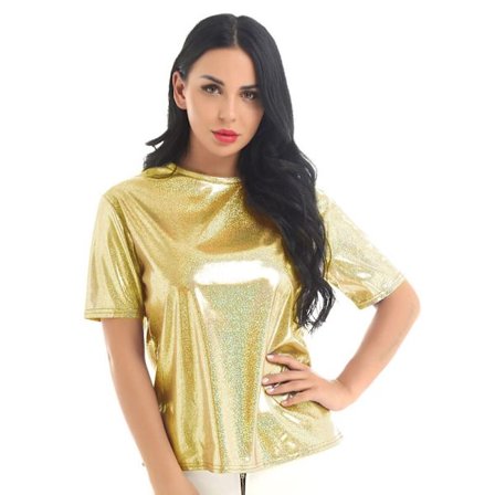 Dam T-shirts Metallic Top Crewneck glänsande T-shirts