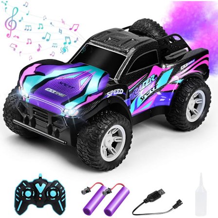 1:16 RC Monster Truck Lilla - 2.4G 20KM/H All Terrain med Lys, Musik og Spray, Genopladelig Gave til Børn 4-13 Drenge