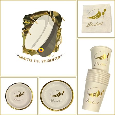 Studentpaket Vit/Guld Tallrikar Servetter Muggar Girlang Student