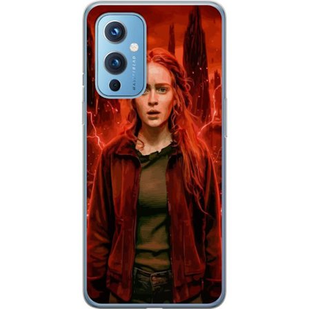 Kompatibelt Mobilskal till OnePlus OnePlus 9 Porträtt av en ung kvinna med rött hår i en apokalyptisk landskap, röda blixtar och mörka klippforma