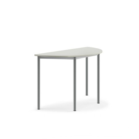 Tisch SONITUS, halbrund, 1200x600x760 mm, Hochdrucklaminat grau, alugrau