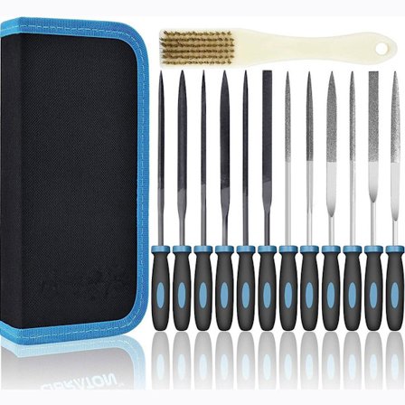 13-delt Premium Lille Filsæt 6 Diamantfile 6 Stålfile Rengøringsbørste og Bæretaske til Træ Plast Smykker Læder DIY