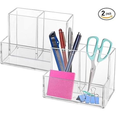 Pennholder, 2-pakks Klar Akryl Sminkepenselholder, Blyantholder for Skrivebord med Sticky Notes Holder og 3 Rom