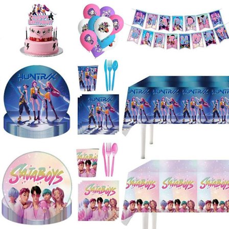 Födelsedagsfest Tillbehör Set KPOP Dekorationer Papperstallrikar Muggar Bestick Blå Rosa Alternativ Festdekor